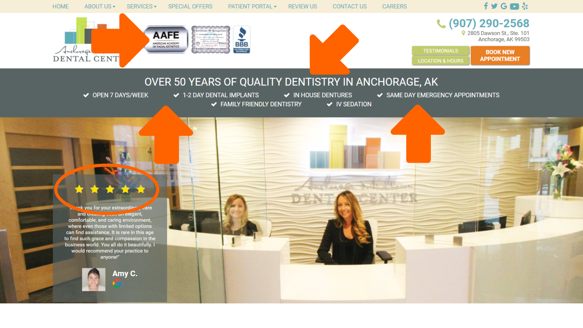 dental website example of homepage differentiators