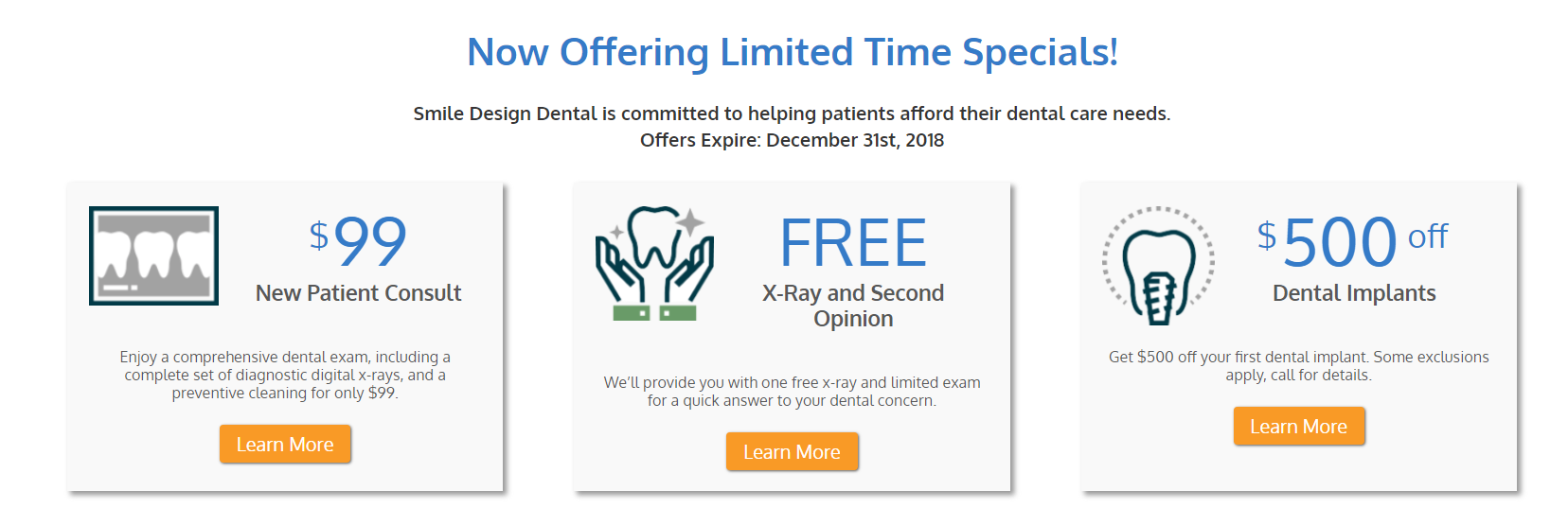screenshot of limited time special offers on a dental website