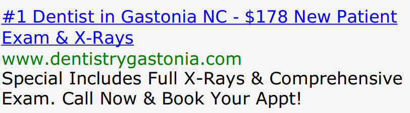 google adwords example of Gastonia Family Dentistry's comprehensive dental marketing ad