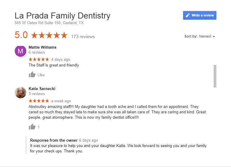 screenshot of 5 star google review for la prada family dentistry