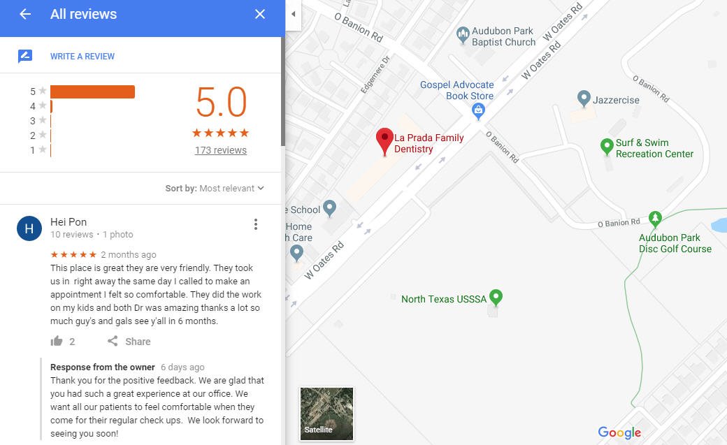 screenshot of google maps review on la prada family dentistry