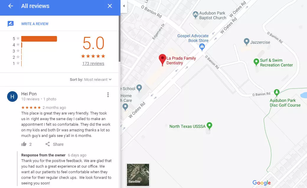 screenshot of google maps review on la prada family dentistry