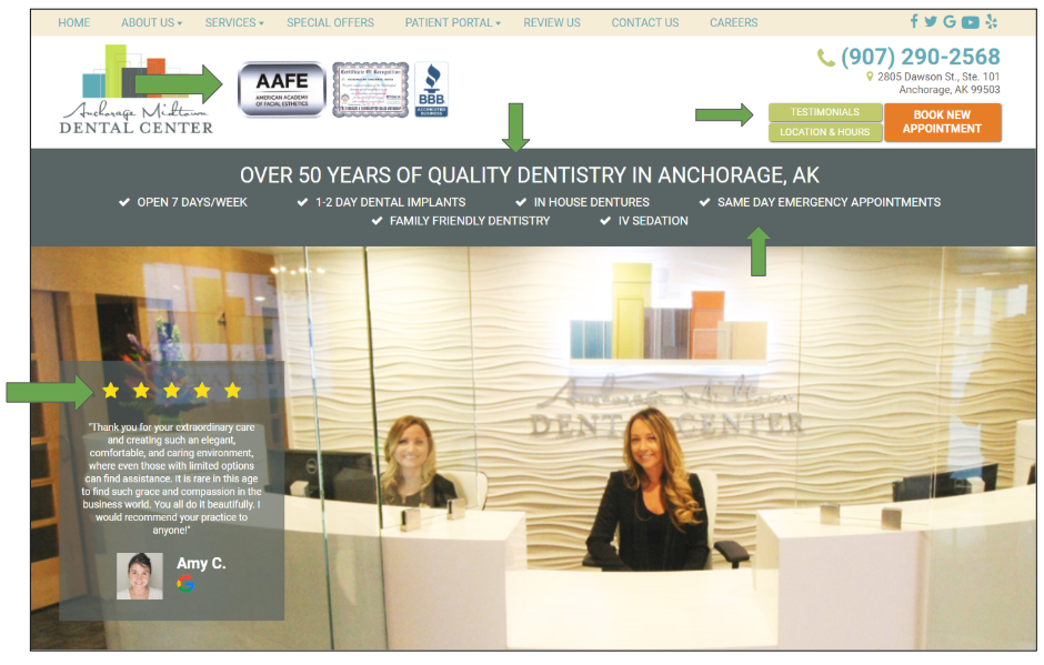 anchorage midtown dental website screenshot example as a dental marketing idea