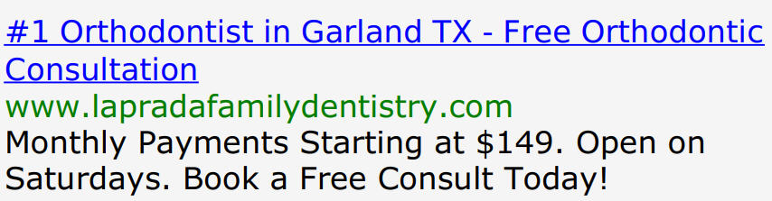 google adwords example from la prada famil ydentistry in garland texas