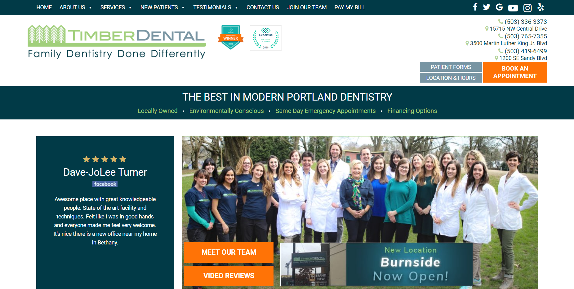 Timber Dental homepage screenshot of their dental website