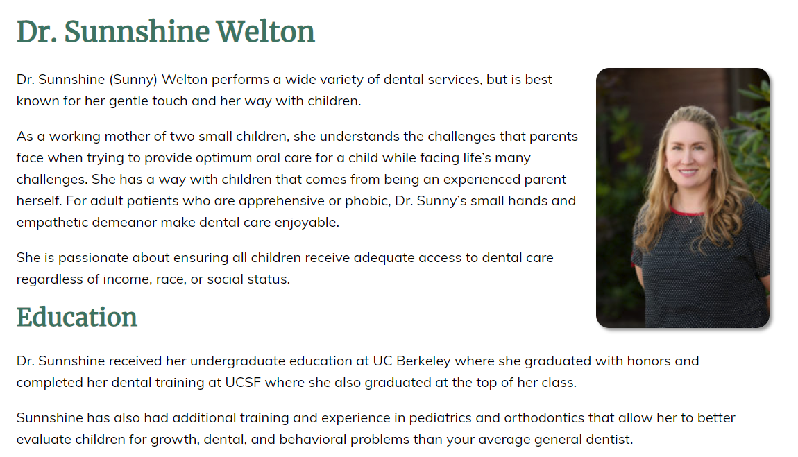 example of a dentist's bio on their dental website as a Firegang dental marketing client