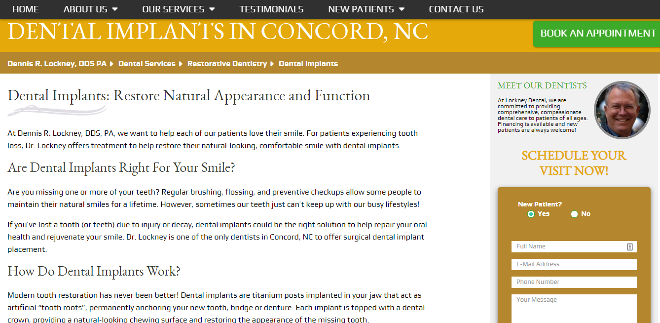 Example of a Firegang Dental Marketing client site's dental implants page that is the landing page for their dental implant Facebook Ad campaign