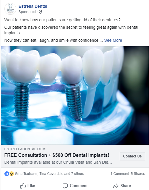 An example of one of the best dental ads Firegang dental marketing is running on Facebook for a client