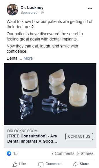 Dentist facebook ad example of a dental implants facebook ad being run by a Firegang Dental Marketing client