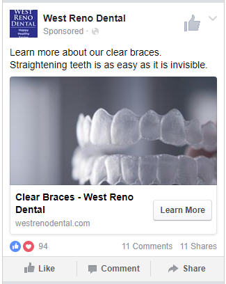 Dentist facebook ad example from a Firegang dental marketing client using the best dental ad for Invisalign