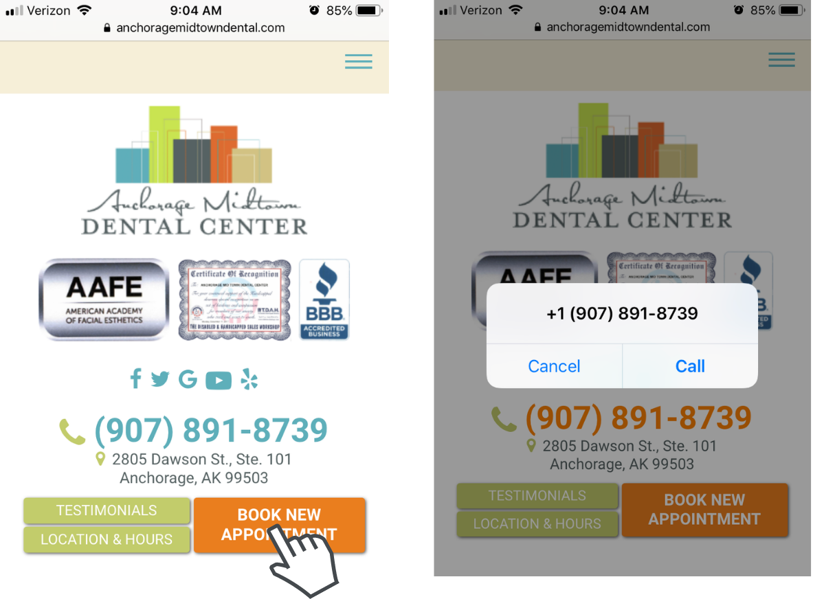 Screenshot of Anchorage Midtown Dental's mobile site that offers a click to call option