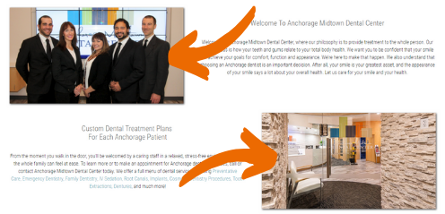 Screenshot of Anchorage MIdtown Dental's homepage with orange arrows pointing to the personalized photos