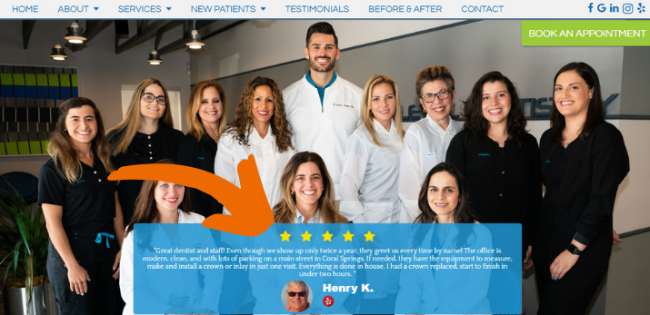 Screenshot of Dental Wellness Team's website homepage with an orange arrow pointing to their 5-star review