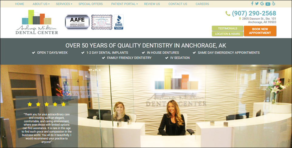 Screenshot of Anchorage Midtown Dental's new dental website that includes the 9 critical elements of a dental website