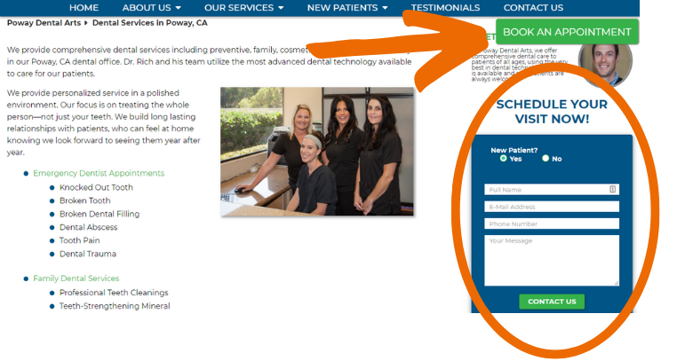 Screenshot of Poway Dental Arts services page with an orange arrow and circle highlighting one of the 9 critical elements of a dental website