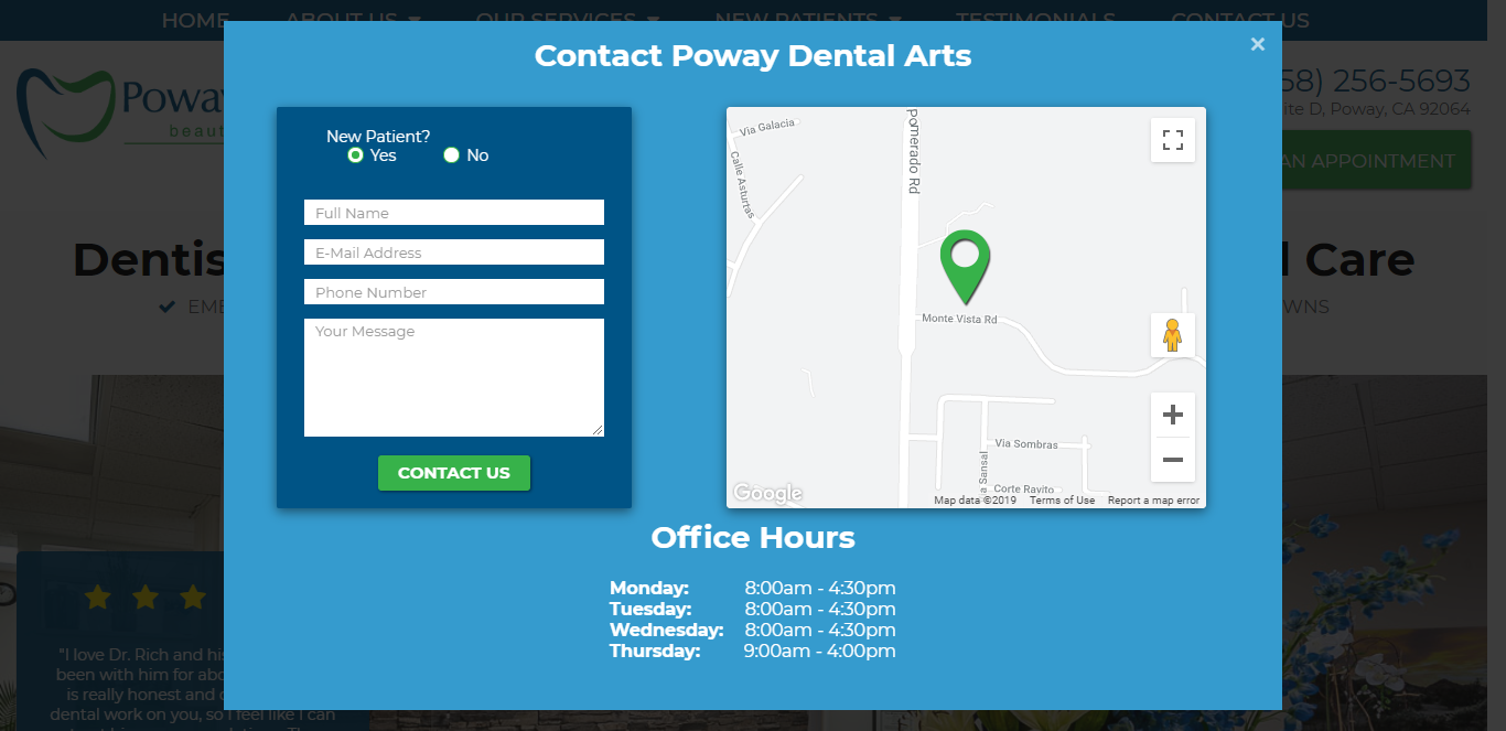 Screenshot from Poway Dental Arts showing what happens when you click the booking link button