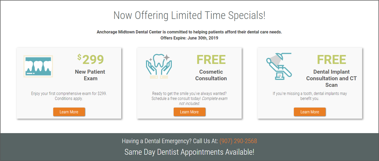 example of a special offer as one of the critical elements of a dental website