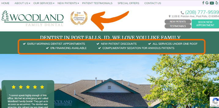 Screenshot of Woodland Family Dental's website homepage with an arrow pointing to an award and list of differentiators circled in orange