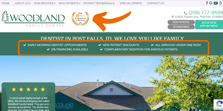 Screenshot of Woodland Family Dental's website homepage with an arrow pointing to an aweard and list of differentiators circled in orange