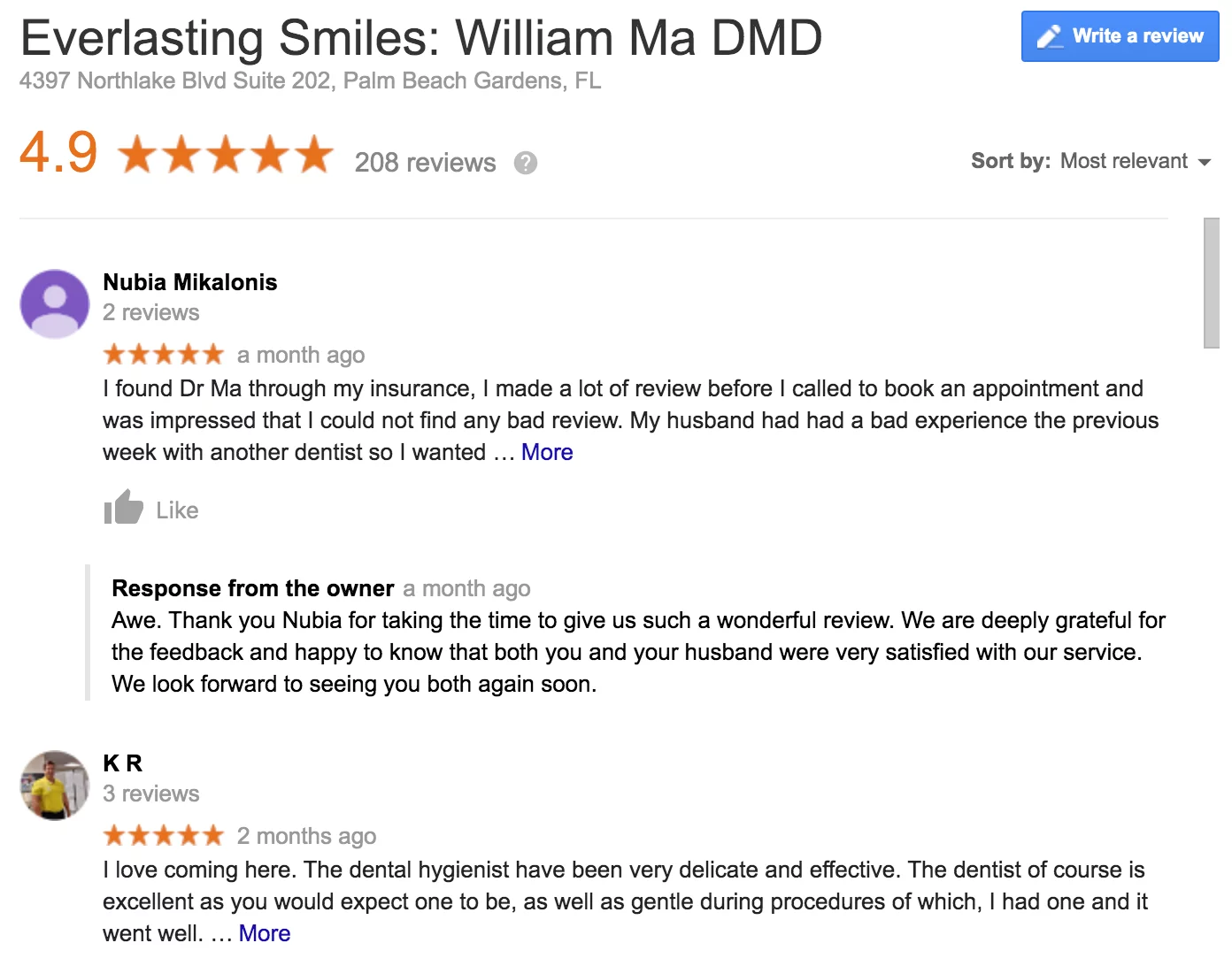 Everlasting Smiles: William Ma DMD patient review screenshot