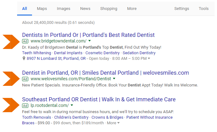 Screenshot example of Google Ads with orange arrows pointing to each one on the page