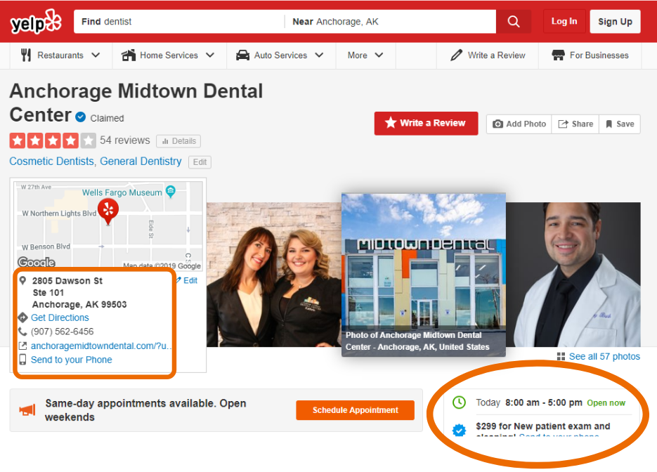Yelp screenshot of Anchorage Midtown Dental's business listing as part of the importance of dental marketing strategies