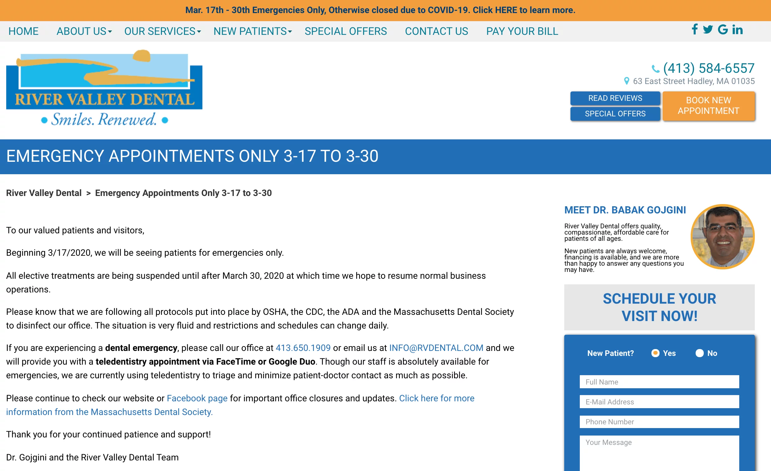 river valley covid-19 message on website