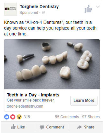 Screenshot of a successful Facebook Ad for Torghele Dentistry by Firegang Dental Marketing that fits into the practice's dental marketing strategies